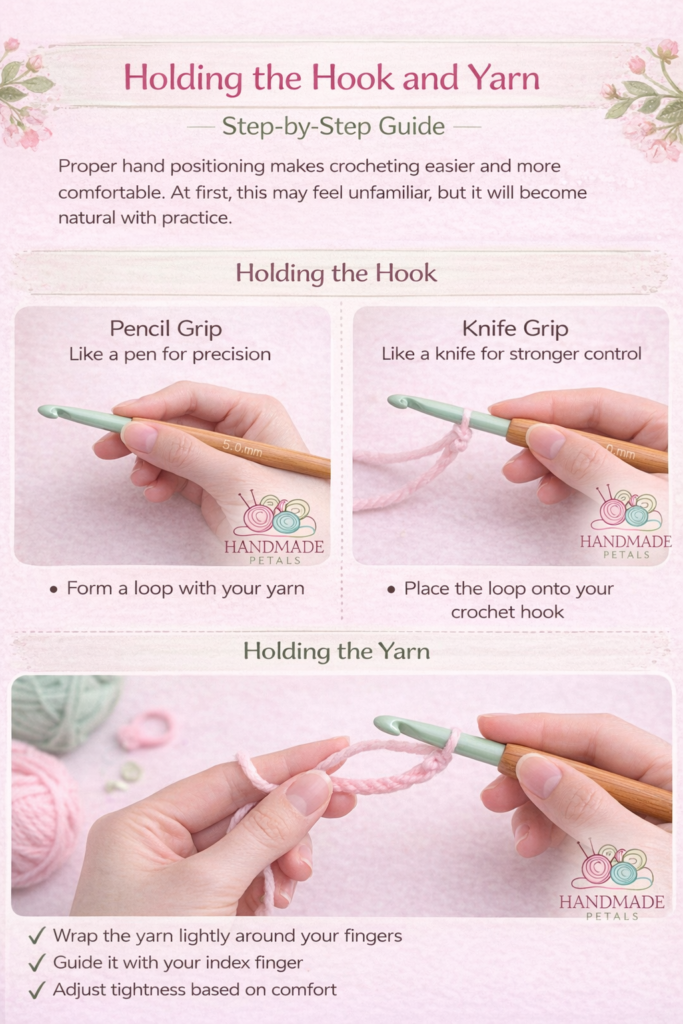 holding the hook and yarn